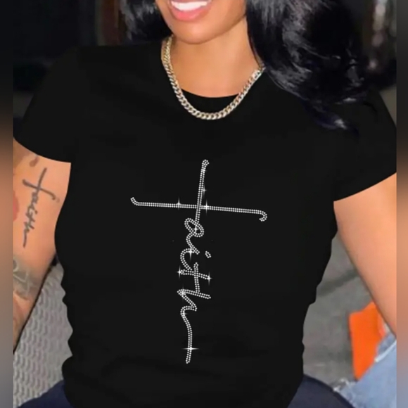 Sale Rhinestone Casual Short Sleeve Spring & Summer stretch knit FAITH Tshirt - Picture 2 of 7